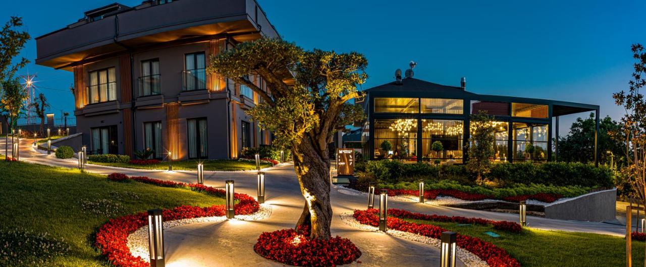 Menalo Hotel Premium Istanbul Airport Exterior photo The photo depicts an elegant outdoor setting at dusk. In the foreground, there's a beautifully lit olive tree, adding a natural focal point. Surrounding it are well-maintained flower beds with vibrant red flowers, arranged along a path that winds thr